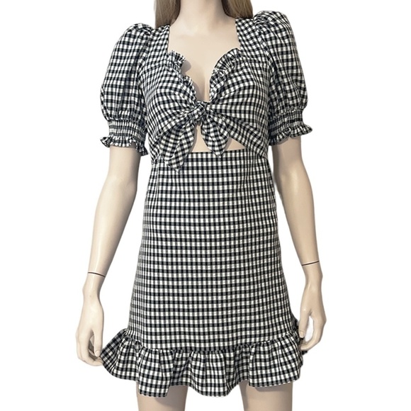Topshop Dress Gingham Check Cut Out Back and Front Puff Sleeves Shirring NWOT - Picture 3 of 16